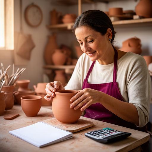 Artesana de Níjar trabajando con cerámica y una libreta de cuentas en su taller