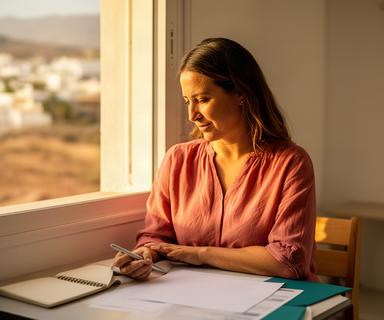 Trabajadora de Níjar revisando un plan mensual de pagos junto a una ventana