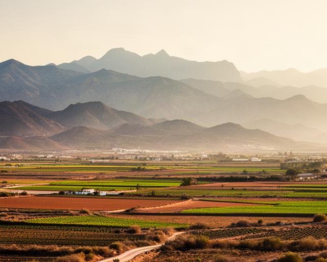 Paisaje de Níjar con campos agrícolas y sierras almerienses bajo la luz cálida de Andalucía