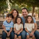 Familia con tres hijos en edad escolar sentada en un parque de Níjar