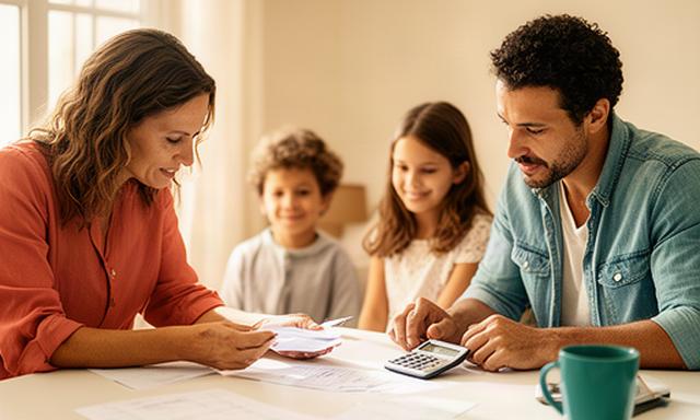 Familia de Níjar revisando un presupuesto doméstico junto a una mesa luminosa