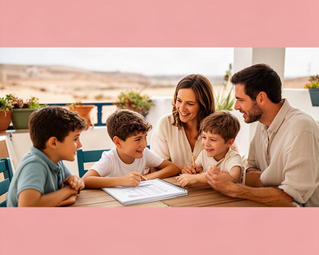 Familia con dos hijos revisando una libreta de presupuesto en una terraza luminosa de Níjar
