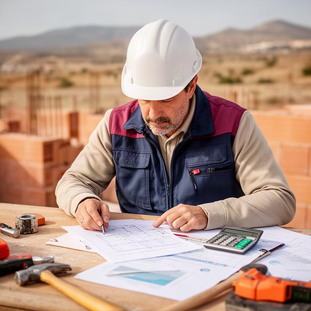 Trabajador de la construcción revisando su presupuesto en una mesa de trabajo de Níjar