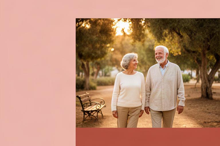 Pareja mayor sonriente paseando por un parque tranquilo de Níjar al atardecer