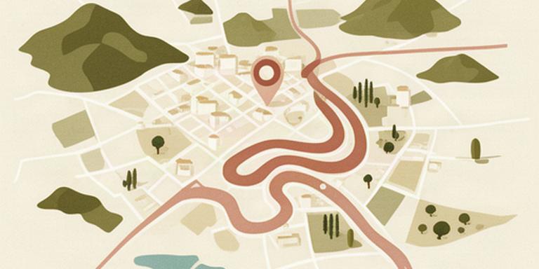 Mapa ilustrado de Níjar con la Carretera a Huebro señalada cerca del centro del municipio