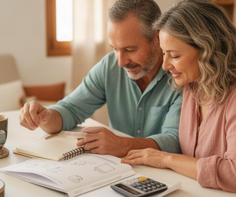 Pareja de Níjar revisando un plan de ahorro junto a una libreta y una calculadora en su hogar