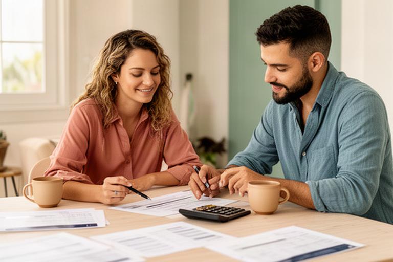 Pareja joven revisando sus gastos mensuales junto a una mesa luminosa en Níjar