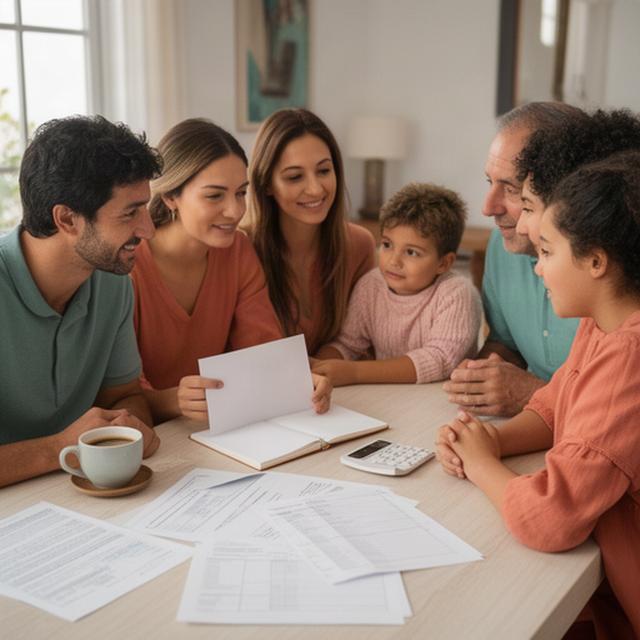 Familia de Níjar revisando sus cuentas mensuales alrededor de una mesa con una libreta y una calculadora